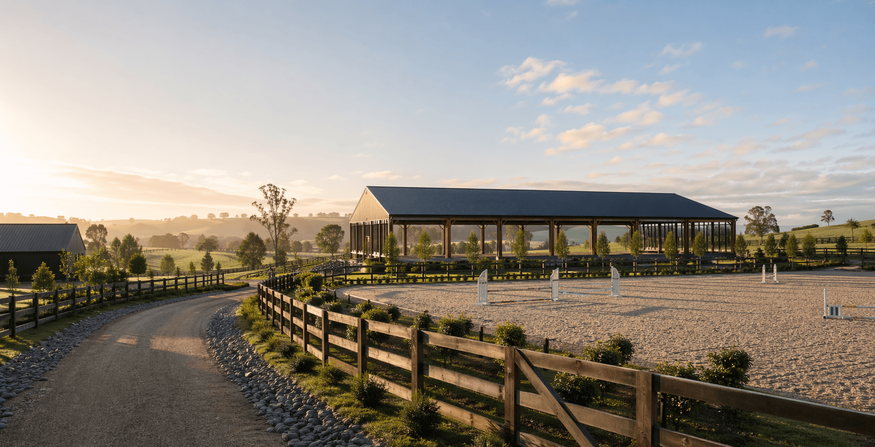 Franklin equestrian arena with surfaced footing, fenced access, and float parking